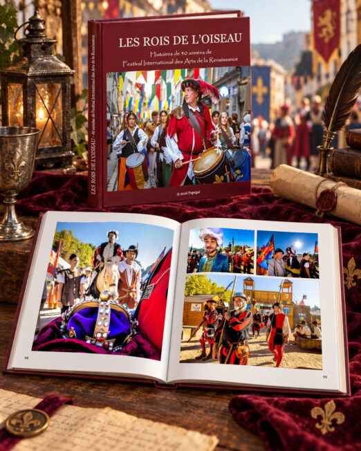 Livre Les Rois de l’Oiseau ouvert sur des photographies de la fête, pages 98 et 99, avec la couverture visible en arrière-plan.