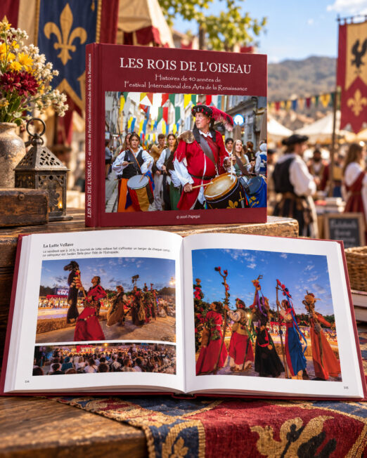 Livre Les Rois de l’Oiseau ouvert sur les pages consacrées à la Lutte Vellave, avec des scènes de fête et la couverture visible.